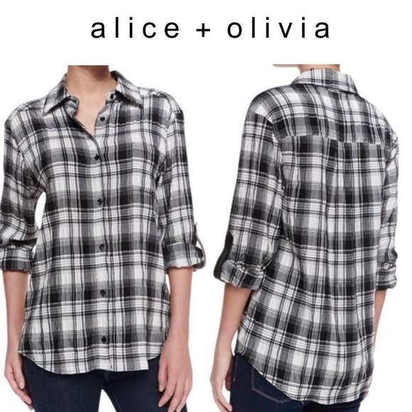 alice + olivia Leather-Trim Button Down Shirt, Black & White Plaid | Size Medium - Picture 1 of 16